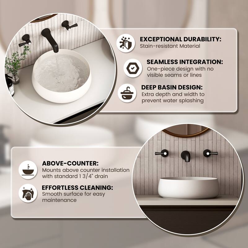 Solid Surface Vessel Bathroom Sink with Pop-Up Drain and Drain Hose, Modern Above Counter Wash Basin with Center Drain