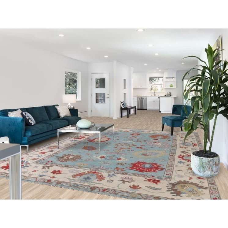 Light Blue Oushak Area Rug Handmade Wool Carpet - 9'0" x 11'9"