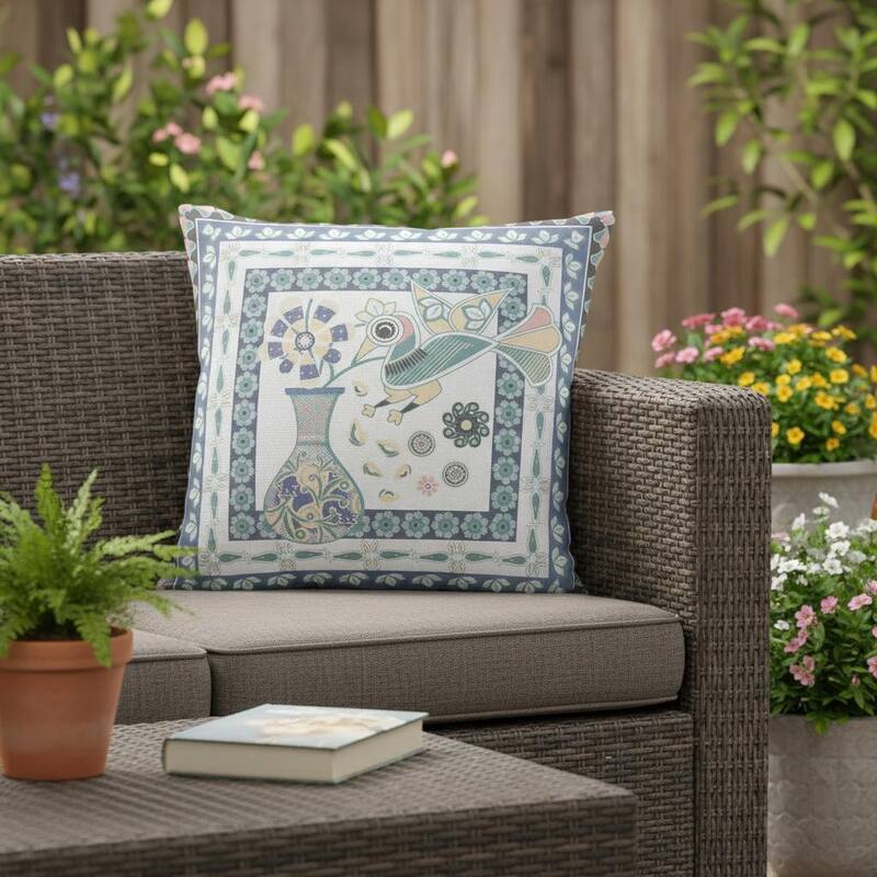 HomeRoots 16" x 16" Blue and White Bird Blown Seam Abstract Indoor Outdoor Throw Pillow - 16.00' X '5.00' X '16.00 - Blue/White - 16.00' X '5.00' X '16.00