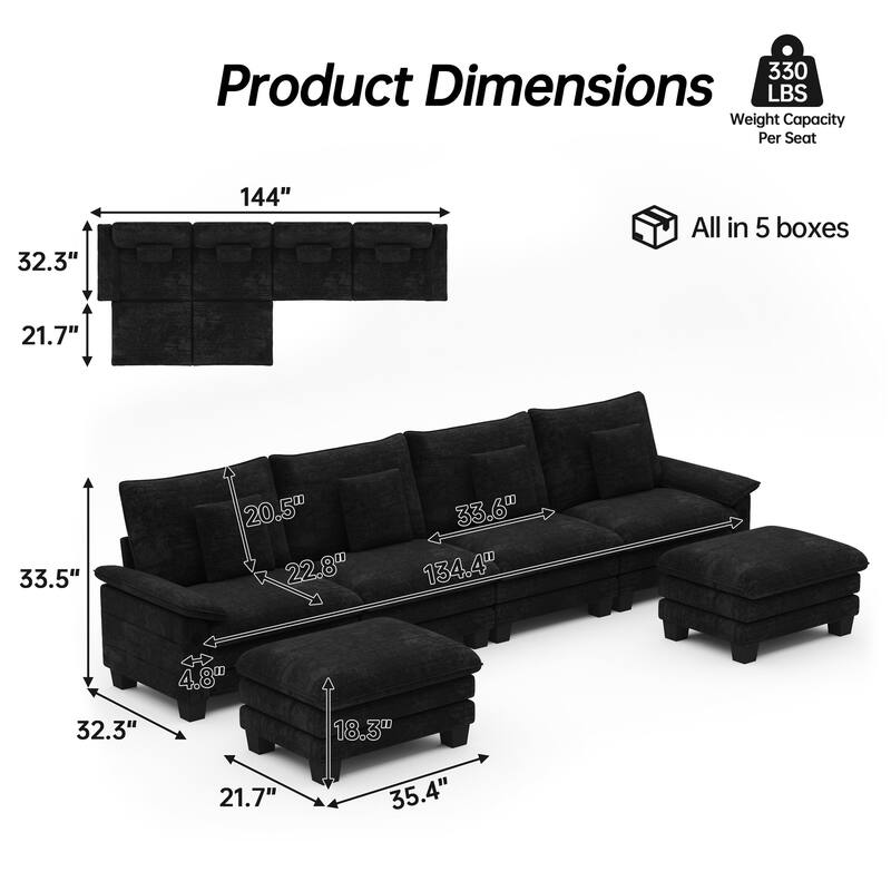 144" Modular Compression Sofa Set Convertible Sectional Sleeper Couch with 2 Ottomans