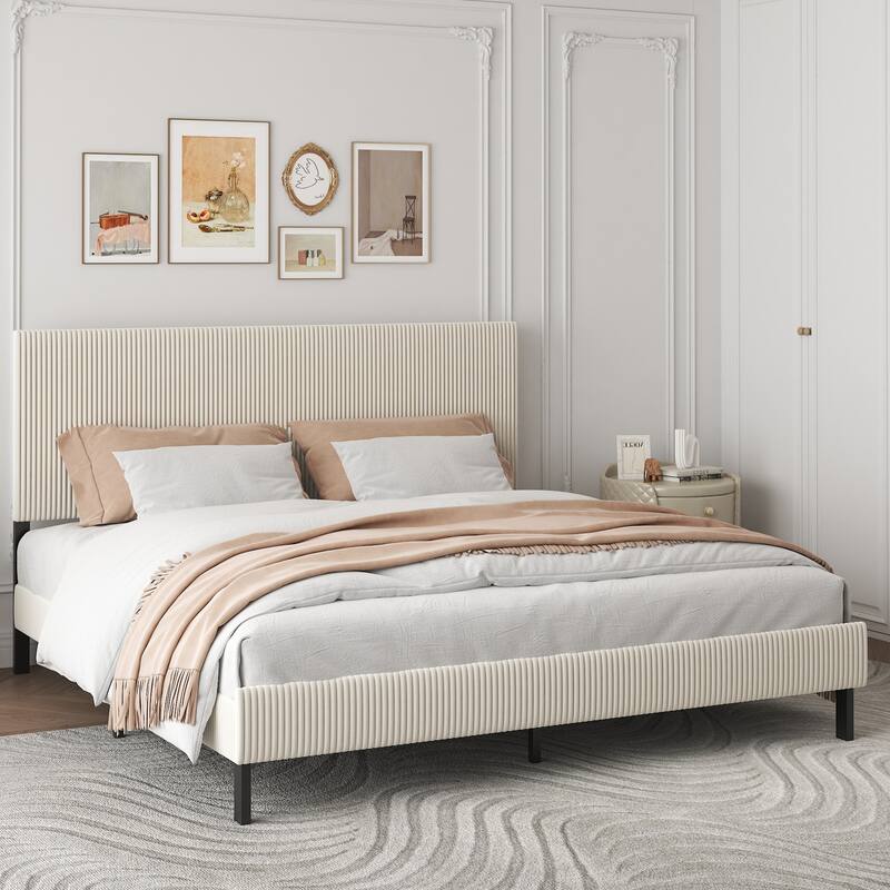 King Size Bed Frame with Bandaged Headboard, Beige