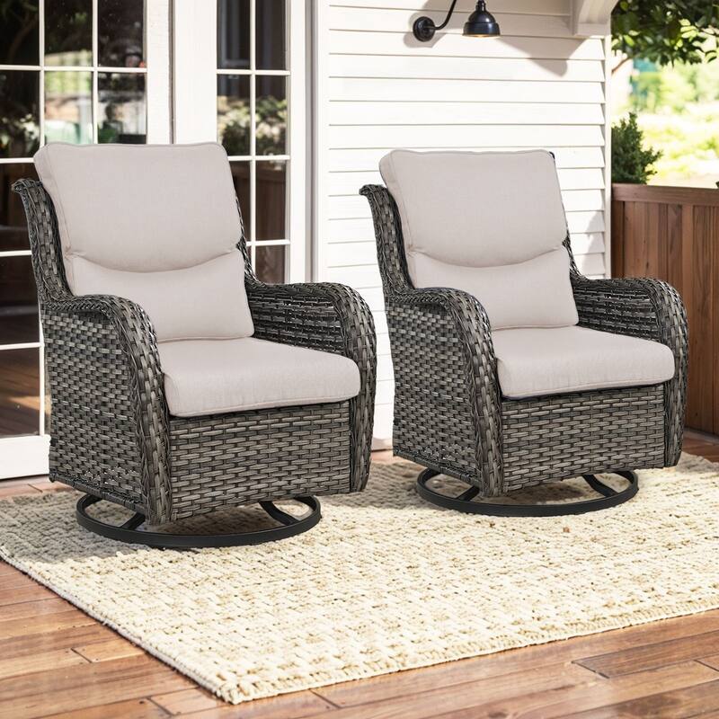 Pocassy Outdoor Swivel Chairs Patio Furniture Set - Grey Rattan - Beige Cushion - 2PCS Swivel Chairs