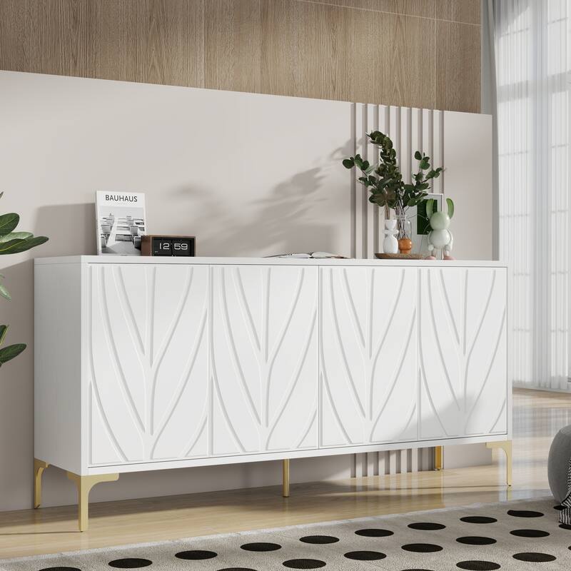 Modern Carved Sideboard Buffet Cabinet with Handleless Push-Open Design, for Living Room, Bedroom and Dining Room, White
