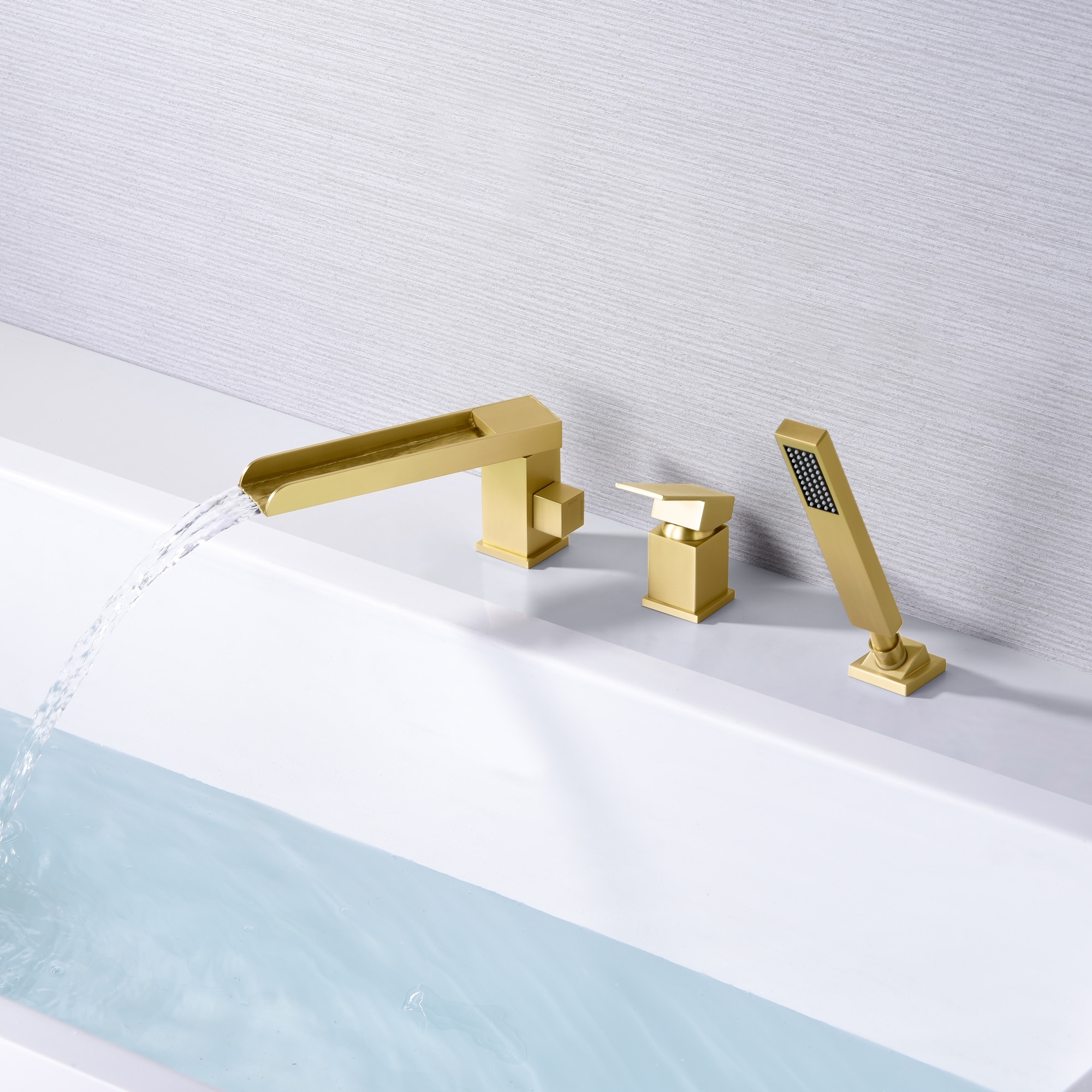 Hanallx Roman Tub Faucet Set - Waterfall Deck Mount With Handheld Shower, 5-Hole Brushed Nickel