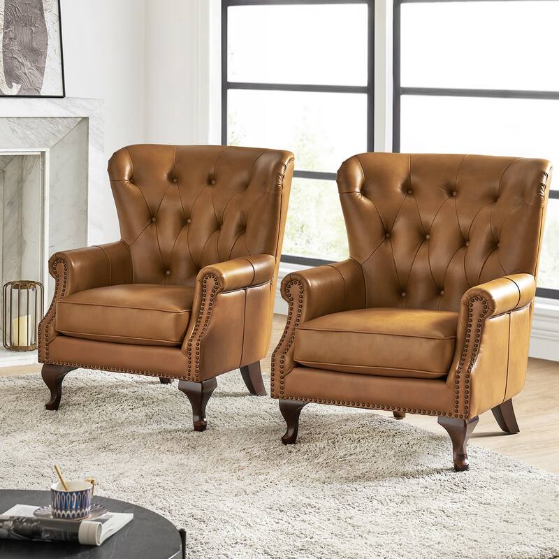 Gerhard Genuine Leather Armchair with Nailhead Trims and Removable Cushion Set of 2 by HULALA HOME - Camel