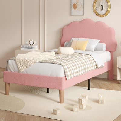 Twin Size Bed Frames with Adjustable Teddy Fleece Headboard, Upholstered Platform Bed w/Slats Support