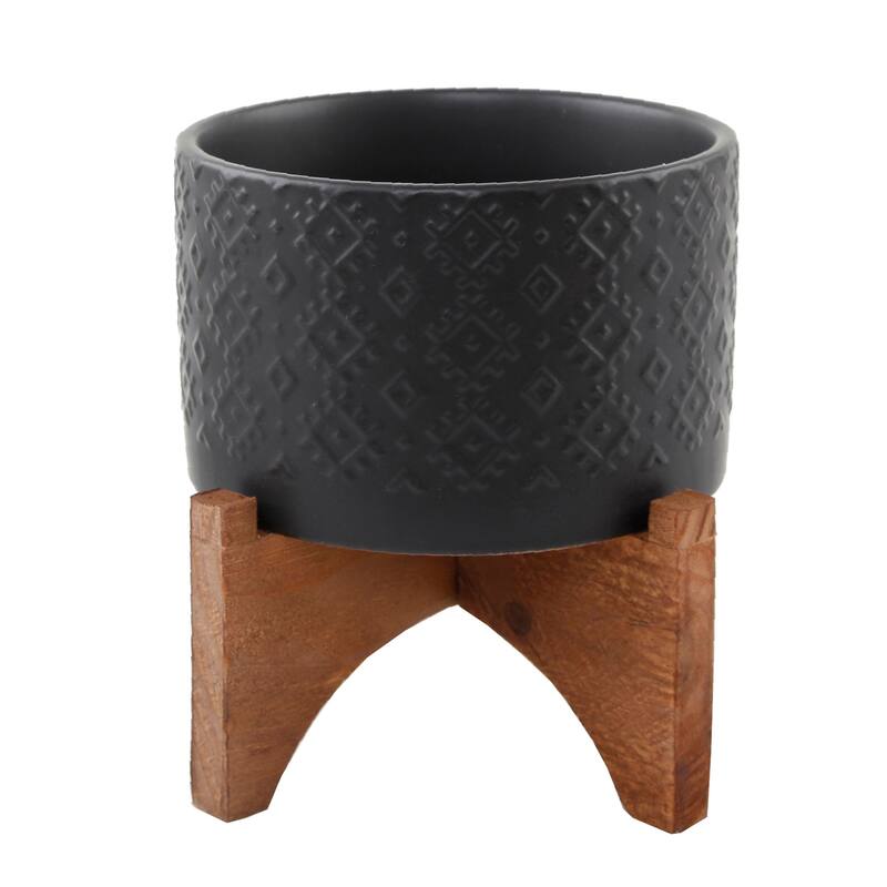 Mid-Century 5" Indian Ceramic Planter ON WOOD STAND, MATTE BLACK