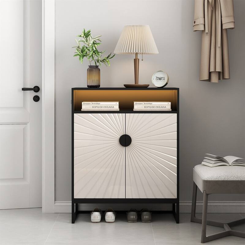 5-Tier Modern 2-Door Shoes Storage Cabinet with LED Light, Wooden Shoe Organizer Rack with Adjustable Shelf