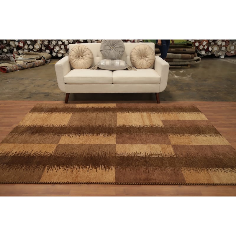 Hand Knotted Oriental 100% Wool Carpet Modern Geometric Brown Gabbeh Area Rug - 7' 11'' X 5' 8''