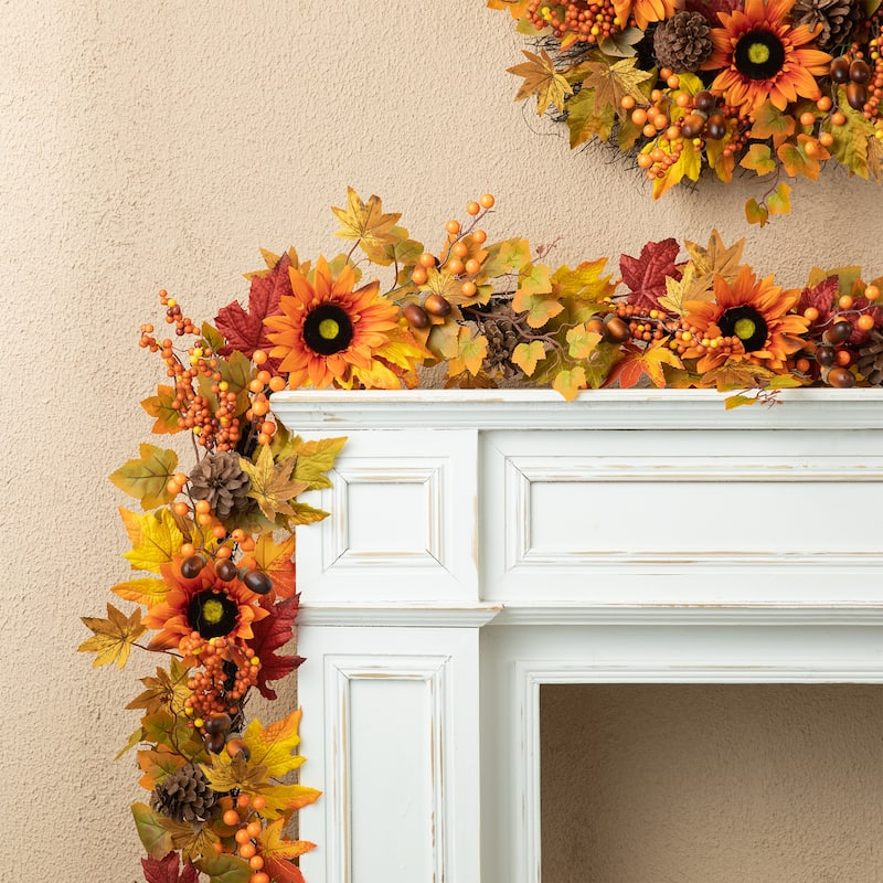 Glitzhome Fall Harvest Sunflower Maple Leaf Berry Garland Swag Wreath - Garland