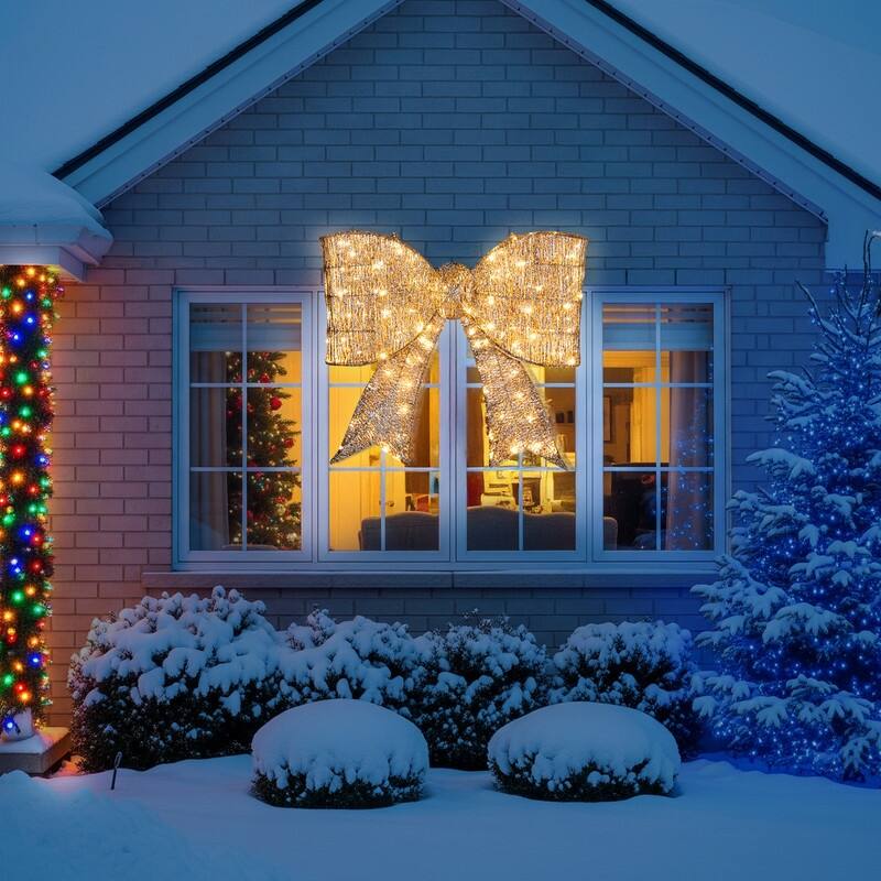 Pre-lit Outdoor Giant Bowknot Christmas Decoration with 124 Warm White LED Lights for Front Door Gate Wall