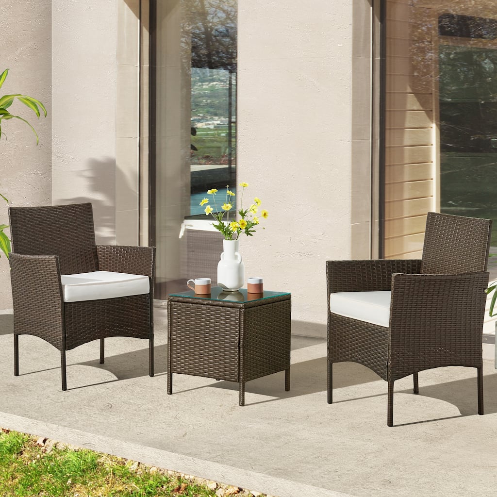 Patio Furniture Set - 3-Piece Outdoor Rattan Seating Set with 2 Cushioned Chairs and Table by Lavish Home (Brown)