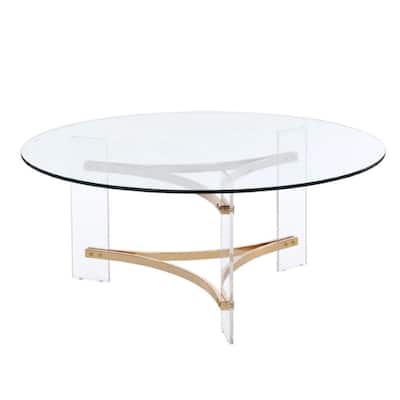 41 Inch Round Coffee Table, Glass Top, Acrylic Legs, Clear, Gold - 41 Dia. x 18 H,