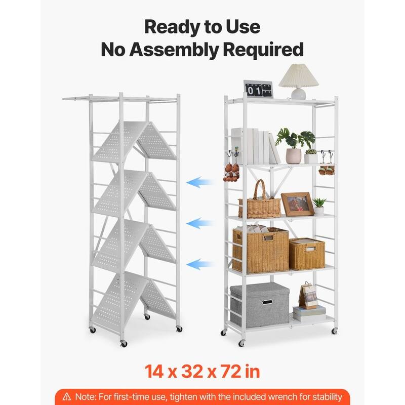 White Carbon Steel Folding Garage Storage Shelf with Wheels and 750 lbs Capacity - 14 x 32 x 72 in