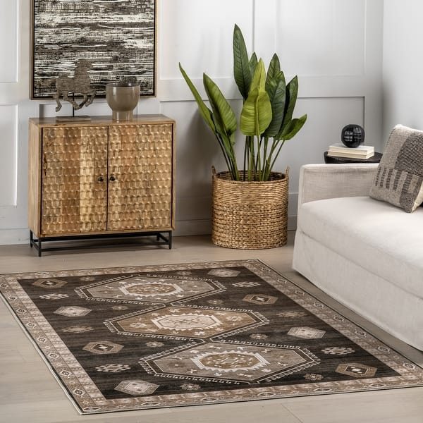 slide 2 of 8, Nuloom Anette SplashGuard Vintage Medallion Machine Washable Area Rug 2'6" x 8' Runner - Dark Brown