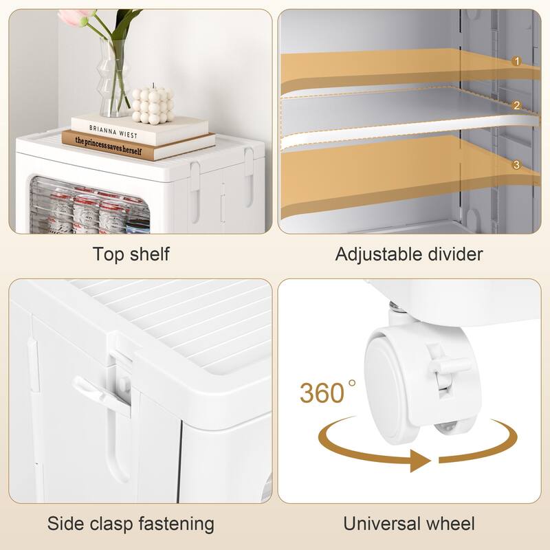 VECELO White Rolling Storage Cabinet with Transparent Doors Adjustable Shelves for Living Room Bedroom Bathroom Organization