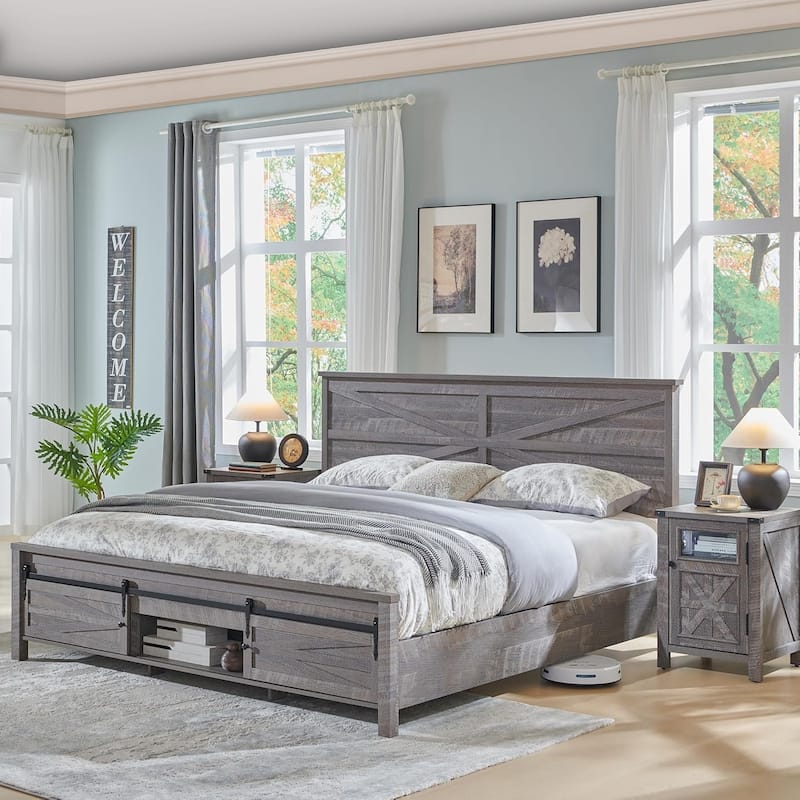 Farmhouse King Size Wood Bed Frame with Sliding Barn Door Storage