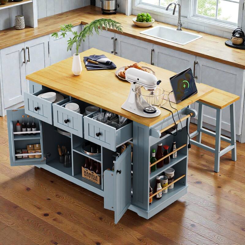 53" Large Kitchen Island with Drop Leaf, Power Outlet, Rolling Cart with Internal Door Racks, Wheels - Grey Blue