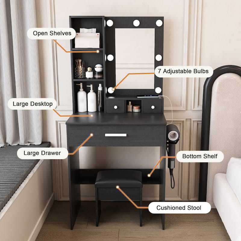 Small Vanity Desk with LED Mirror, Charging Station, Hairdryer Holder & Storage Drawers, Makeup Table with Stool