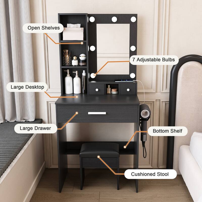 Vanity Desk with Mirror & LED Lights, Makeup Table with Power Outlet, Hairdryer Holder & Stool, Compact Dressing Table Set