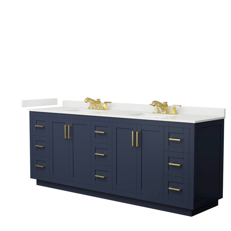 Miranda 84-inch Double Vanity, Quartz Top - Dark Blue, Gold Trim, White Quartz Top