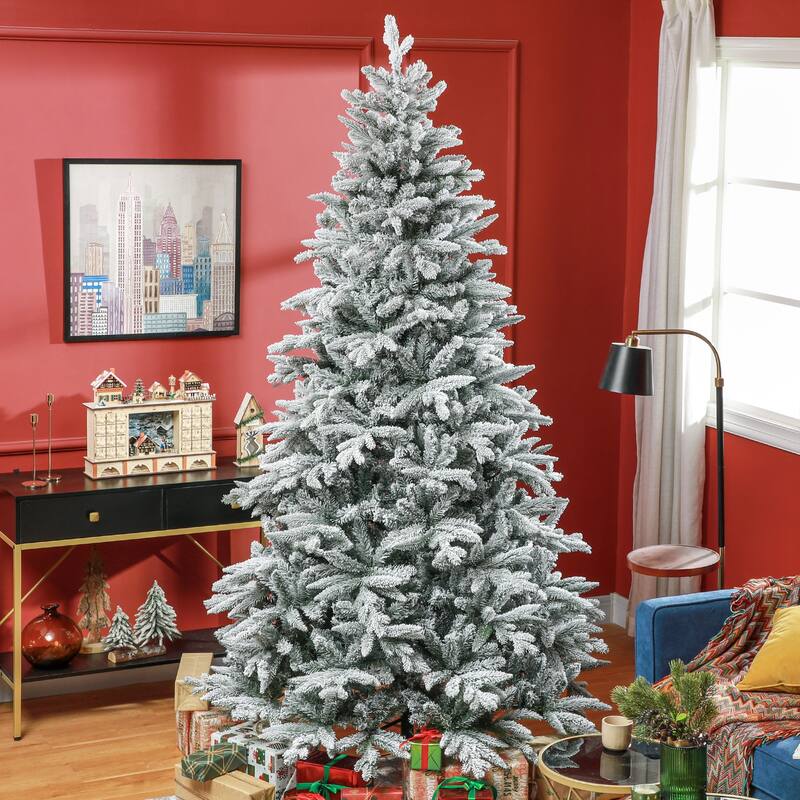 7FT/8FT Snow Flocked Christmas Tree with Realistic Branch Tips and Metal Stand