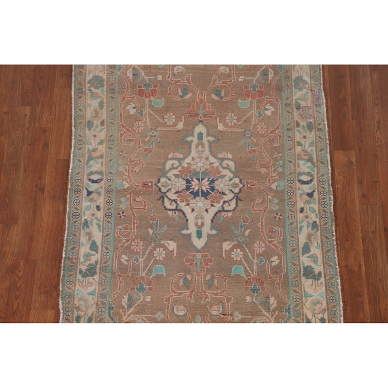 Brown Mahal Persian Vintage Runner Rug Handmade Wool Carpet - 3'4" x 9'3"
