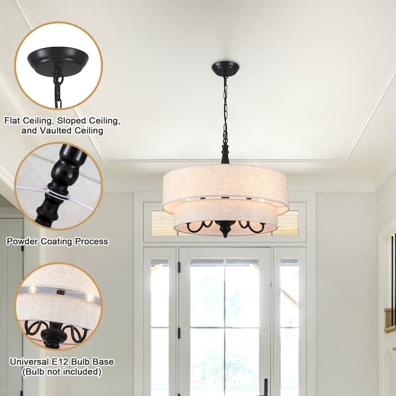 21.25-inch 5-light elegant retro metal chandelier with double-layer fabric lampshade and adjustable height