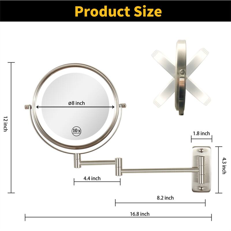 3 Color Lighted Magnifying Mirror 10X Wall Mounted Makeup Mirror 8 In