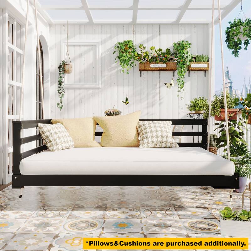 Patio Wooden Twin Size Swing Daybed Porch Swing Frame With Hemp Ropes (Excluding the table)