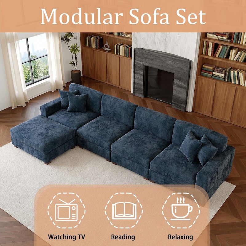 Oversized Chenille Modular Sectional Sofa Living Room Set with Ottoman