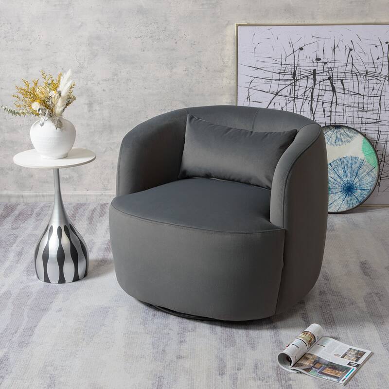 KINWELL 34" Wide Velvet Upholstered Swivel Accent Chair with Toss Pillow - Set of 1 - Dark Grey Velvet