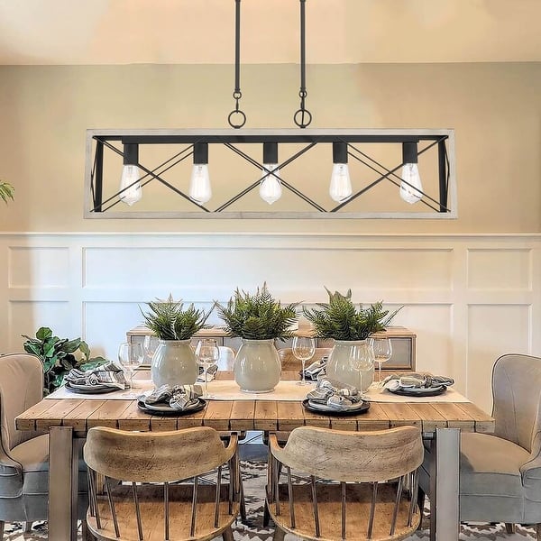 slide 2 of 13, Kiro 5-light Farmhouse Linear Chandelier Faux Wood Dining Lighting with UL Certified - 36'' Driftwood