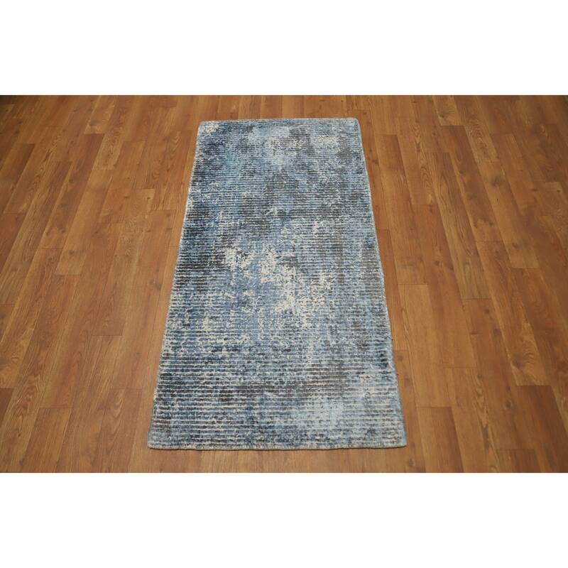 Hand Knotted Oriental Viscose Silk Carpet Modern Abstract Navy Blue & Blues Abstract Area Rug - 4' 0'' X 2' 0''
