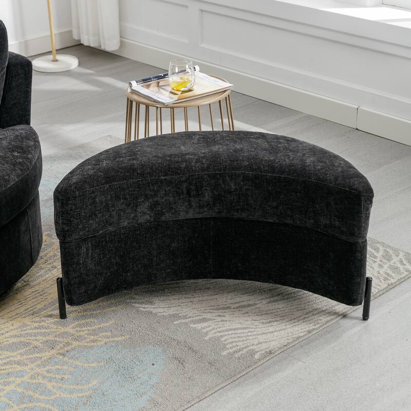 32.7" W Sherpa Upholstered Half Crescent Moon Storage Bench Large Ottoman With Tray Serve As Side Table Soft Padded Seat - Black