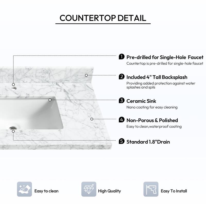 Zevio Natural Marble Vanity Top in Carrara White with Ceramic Sink