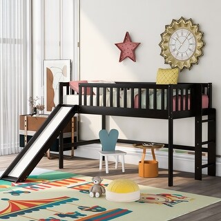 Pine Wood Twin Size Low Loft Bed with Slide and Ladder - Bed Bath ...