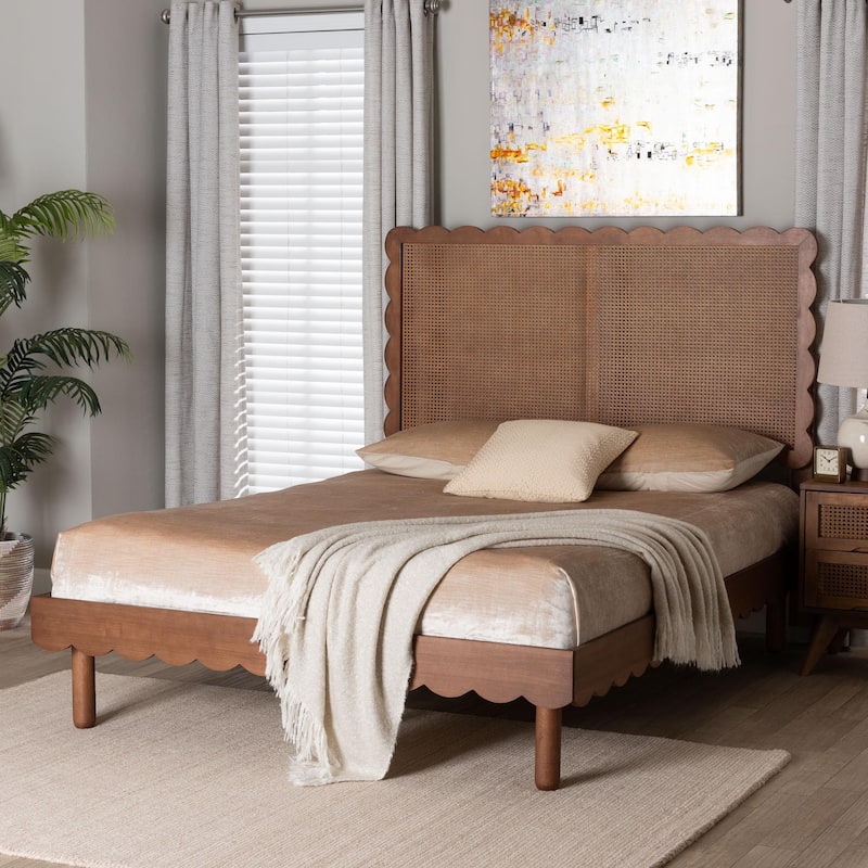 Orianthe Scalloped Platform Bed with Woven Rattan Headboard - Solid Wood Bed Frame with Curved Edge Design, Queen Size