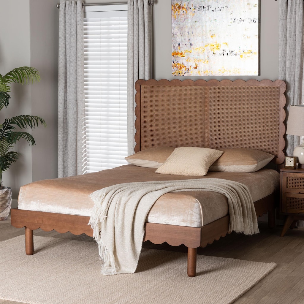 Orianthe Scalloped Platform Bed with Woven Rattan Headboard - Solid Wood Bed Frame with Curved Edge Design, Queen Size