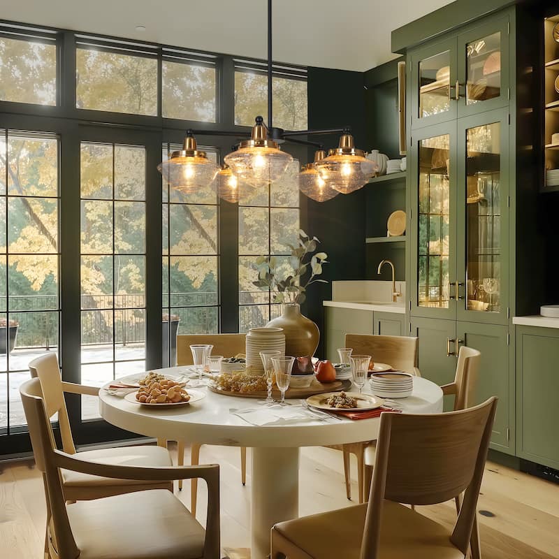 Mid-Century Modern 3/5-Light Black Gold Wheel Chandelier Seeded Glass Pendant Light for Dining Room