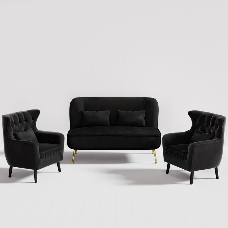 Velvet Metal Legs Tuft Loveseat Two Accent Chairs - Black Velvet