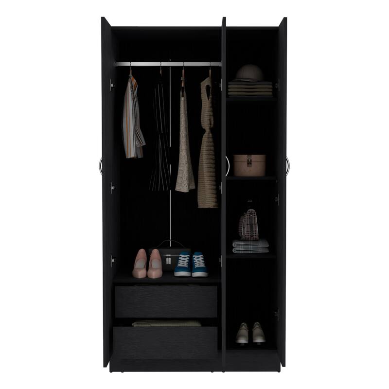 35.4" Modern Three-door Armoire with 2 Drawers and 4-Tier Shelves for Bedroom