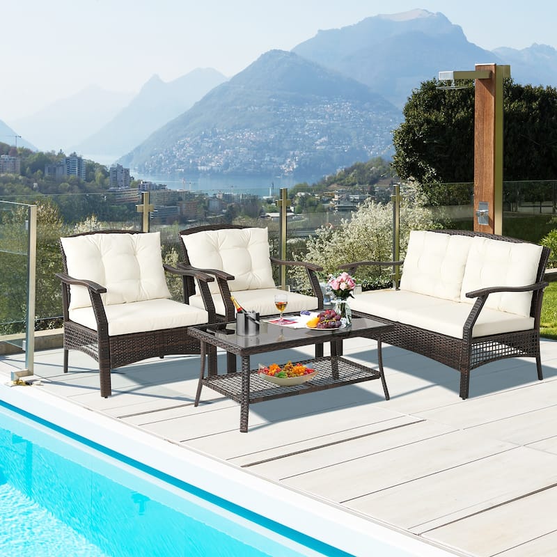 Costway 8 PCS Outdoor Rattan Conversation Set Patio Rattan Sofa Set W/