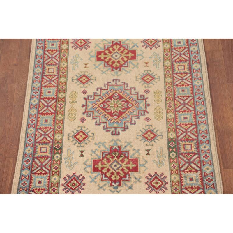 Geometric Kazak Foyer Rug Hand-Knotted Wool Carpet - 2'10" x 4'1"