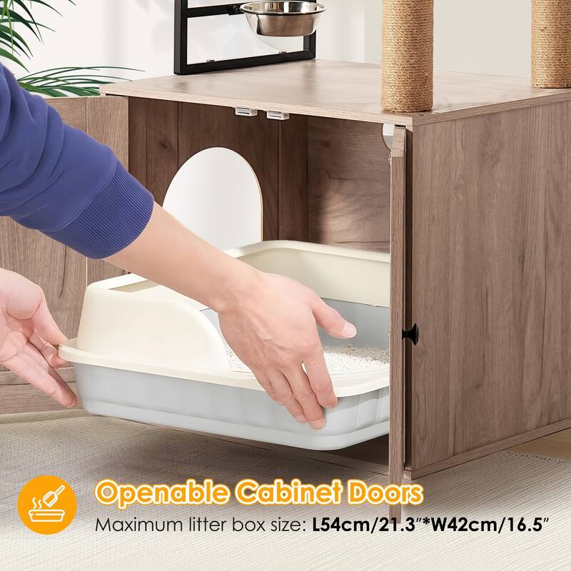 Cat Tree with Litter Box Enclosure - Modern Cat Condo with Scratching Posts, Feeding Bowl & Removable Pompom Sticks - White+gray