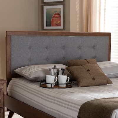 Mid-Century Modern Light Grey Fabric Upholstered Walnut Brown Wood Full Size Headboard with Sleek Profile