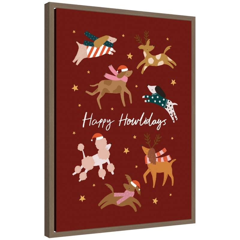 Kate and Laurel Sylvie Framed Canvas Happy Howlidays by Aislinn Simmonds Duchess Plum - Gold