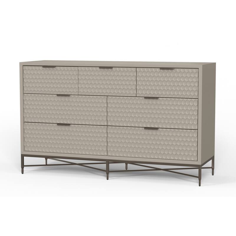 Rexi 56 Inch 7 Drawer Dresser, Honeycomb Pattern, Mahogany Wood, Taupe Gray - Grey - 7-drawer