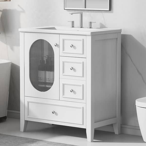 slide 2 of 10, 30" Bathroom Vanity with Sink, Bathroom Vanity Cabinet with Three Drawers and Door, Solid Wood and MDF White