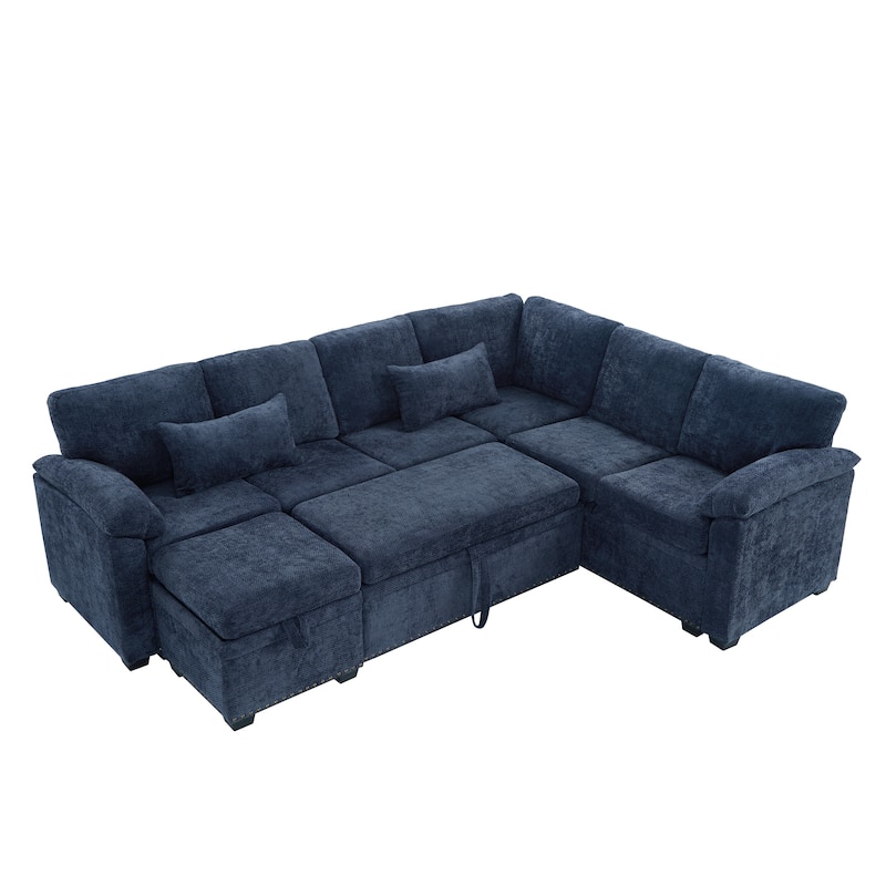 Corner Sectional Sofa with Pull Out Chaise Lounge and Pillow Top Arms, Chenille Sleeper Couch with Storage Seat and Ottoman